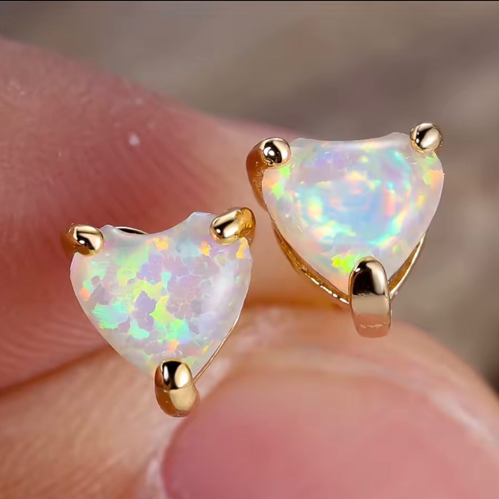 Gold Opal Heart Stud Earrings - White Opal Sparkle